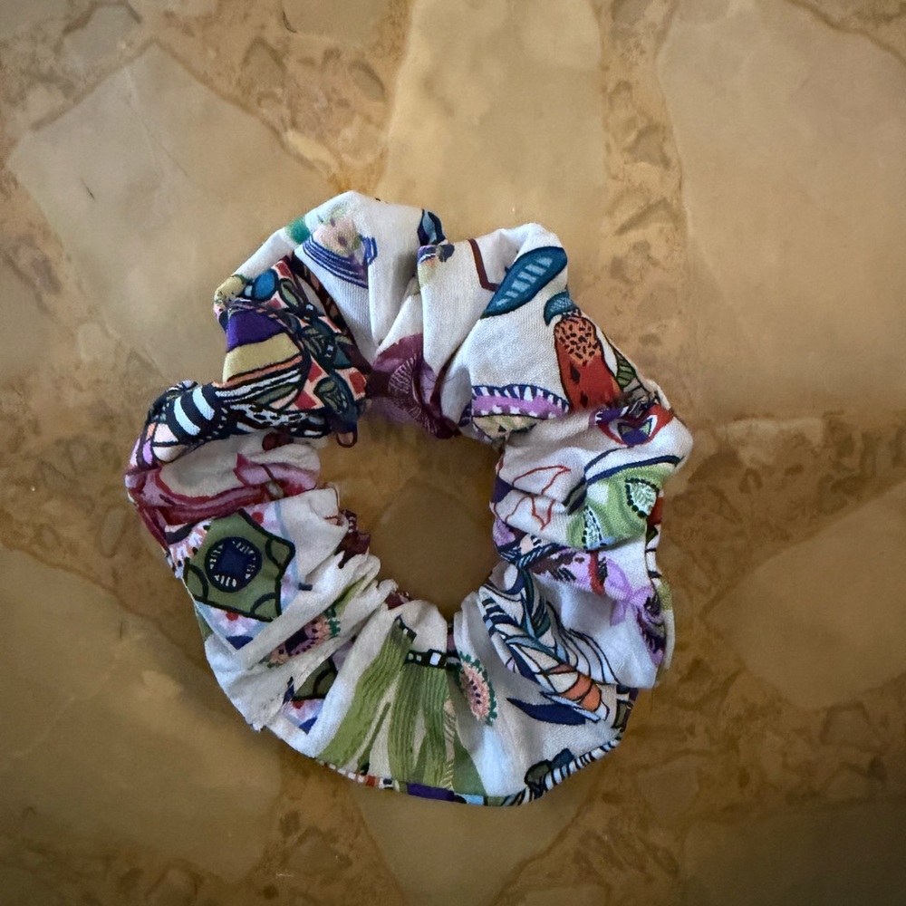 Boho Patterned Fabric Scrunchie - Cream Base with Multicolor Print - Picture 4 of 4